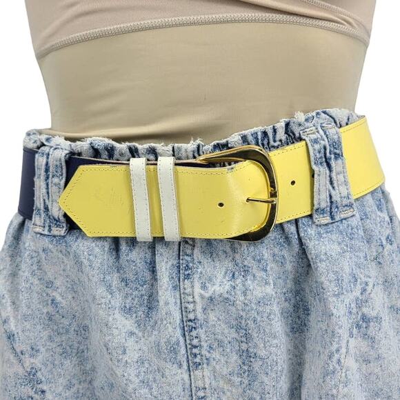 Vintage 80s Wide Colorblock Butter Yellow Navy White Leather Belt M Nautical - Picture 1 of 9